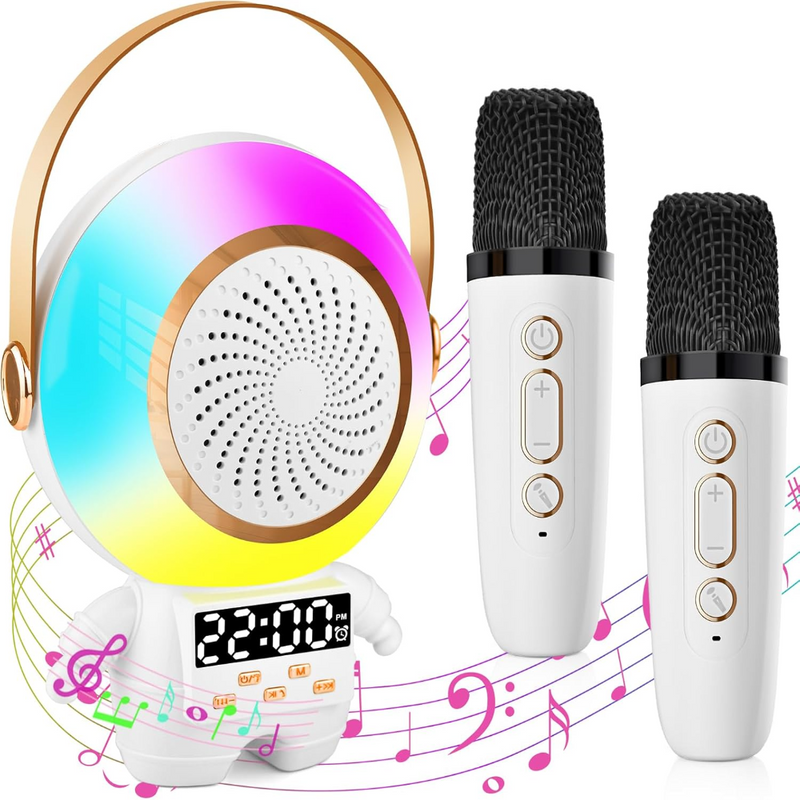Set 2 Microfoane Karaoke si Boxa Astronaut, Wireless, Bluetooth 5.3, Lumina LED RGB, Sunet Stereo 3D, Radio FM, Ceas, MicroSD Card, Aux, pentru Petreceri, Spectacole, Copii si Adulti, Portabil, Cablu USB Type-C Inclus, Alb