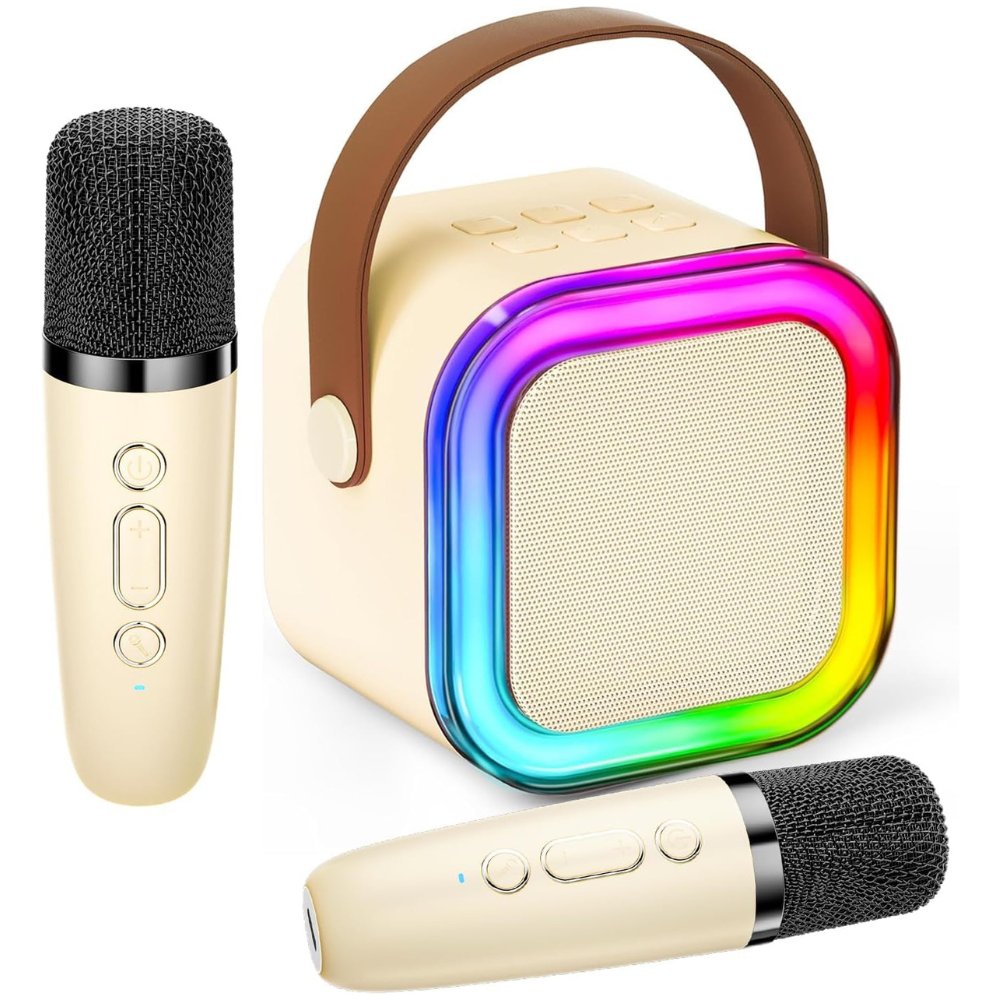 Set 2 Microfoane Karaoke si Boxa, Wireless, Bluetooth, Lumina LED RGB, Sunet Stereo 3D, 5 Efecte Vocale, MicroSD Card, Aux, pentru Petreceri, Spectacole, Copii si Adulti, Portabil, Cablu USB Type-C Inclus, Crem