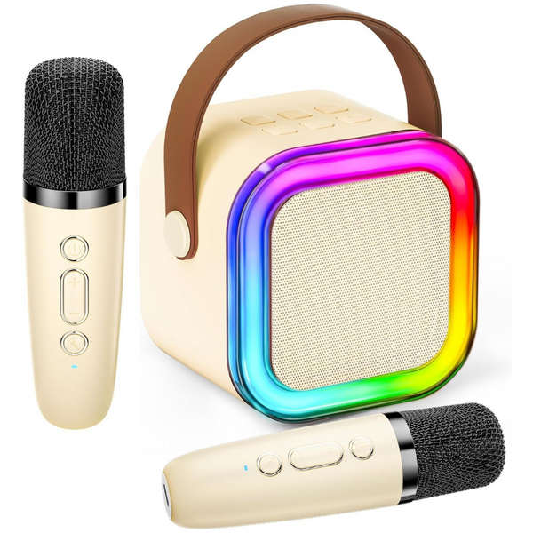 Set 2 Microfoane Karaoke si Boxa, Wireless, Bluetooth, Lumina LED RGB, Sunet Stereo 3D, 5 Efecte Vocale, MicroSD Card, Aux, pentru Petreceri, Spectacole, Copii si Adulti, Portabil, Cablu USB Type-C Inclus, Crem