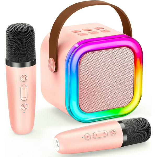 Set 2 Microfoane Karaoke si Boxa, Wireless, Bluetooth, Lumina LED RGB, Sunet Stereo 3D, 5 Efecte Vocale, MicroSD Card, Aux, pentru Petreceri, Spectacole, Copii si Adulti, Portabil, Cablu USB Type-C Inclus, Roz