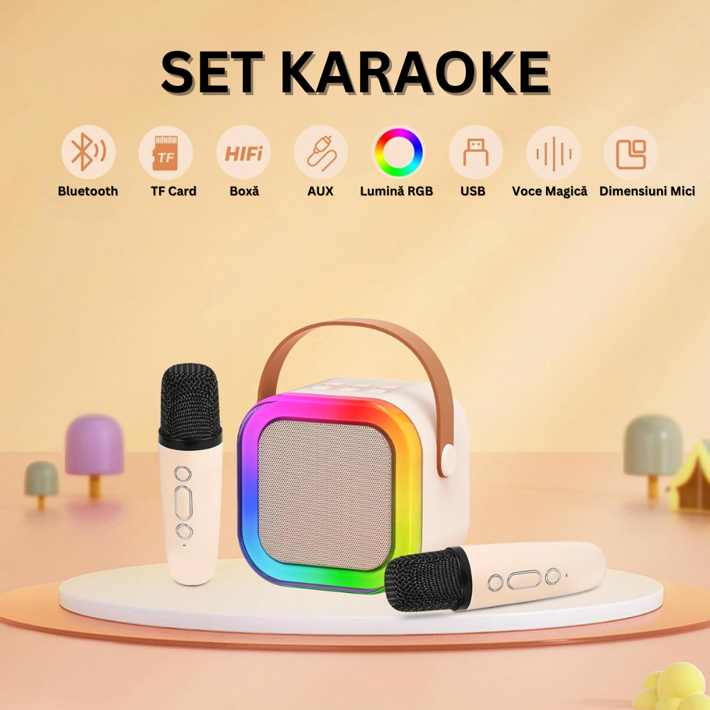 Set 2 Microfoane Karaoke si Boxa, Wireless, Bluetooth, Lumina LED RGB, Sunet Stereo 3D, 5 Efecte Vocale, MicroSD Card, Aux, pentru Petreceri, Spectacole, Copii si Adulti, Portabil, Cablu USB Type-C Inclus, Roz