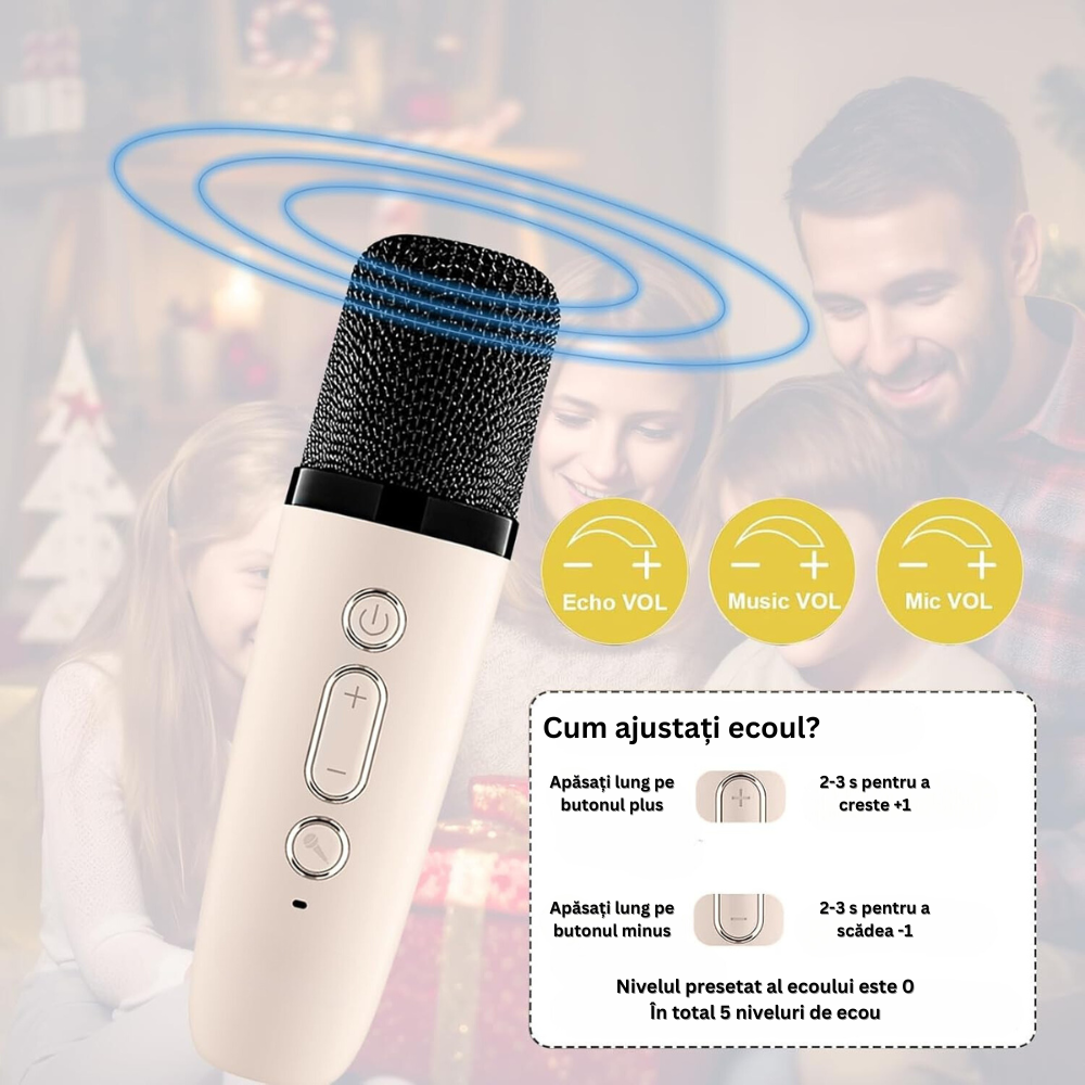 Set 2 Microfoane Karaoke si Boxa, Wireless, Bluetooth, Lumina LED RGB, Sunet Stereo 3D, 5 Efecte Vocale, MicroSD Card, Aux, pentru Petreceri, Spectacole, Copii si Adulti, Portabil, Cablu USB Type-C Inclus, Roz