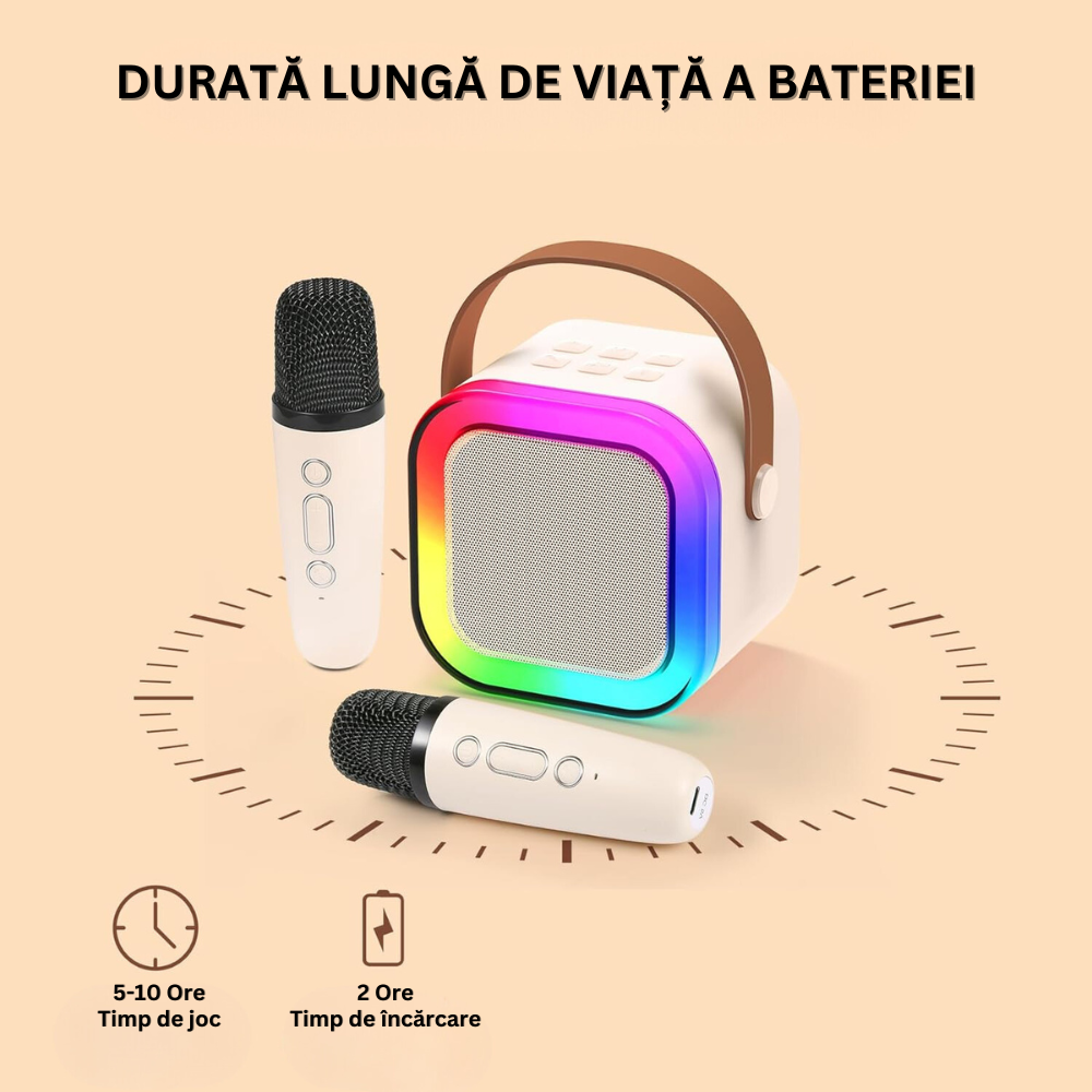 Set 2 Microfoane Karaoke si Boxa, Wireless, Bluetooth, Lumina LED RGB, Sunet Stereo 3D, 5 Efecte Vocale, MicroSD Card, Aux, pentru Petreceri, Spectacole, Copii si Adulti, Portabil, Cablu USB Type-C Inclus, Roz