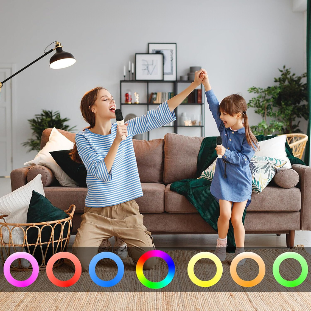 Set 2 Microfoane Karaoke si Boxa, Wireless, Bluetooth, Lumina LED RGB, Sunet Stereo 3D, 5 Efecte Vocale, MicroSD Card, Aux, pentru Petreceri, Spectacole, Copii si Adulti, Portabil, Cablu USB Type-C Inclus, Roz