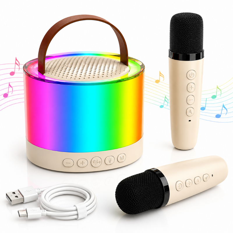 Set 2 Microfoane Karaoke si Boxa, Wireless, Bluetooth, Lumina LED RGB, Sunet Stereo, 5 Efecte Vocale, MicroSD Card, Aux, pentru Petreceri, Spectacole, Copii si Adulti, Portabil, Cablu USB Type-C Inclus, Bej