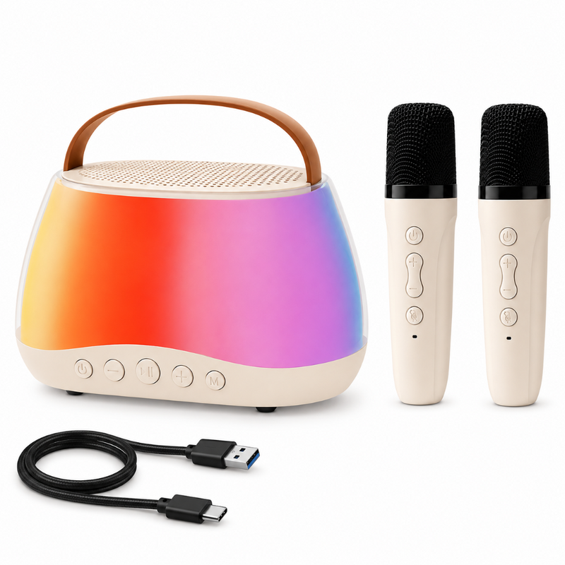 Set 2 Microfoane Karaoke si Boxa, Wireless, Bluetooth, Lumina LED RGB, Sunet Stereo, 5 Efecte Vocale, MicroSD Card, Aux, pentru Petreceri, Spectacole, Copii si Adulti, Portabil, Cablu USB Type-C Inclus, Crem
