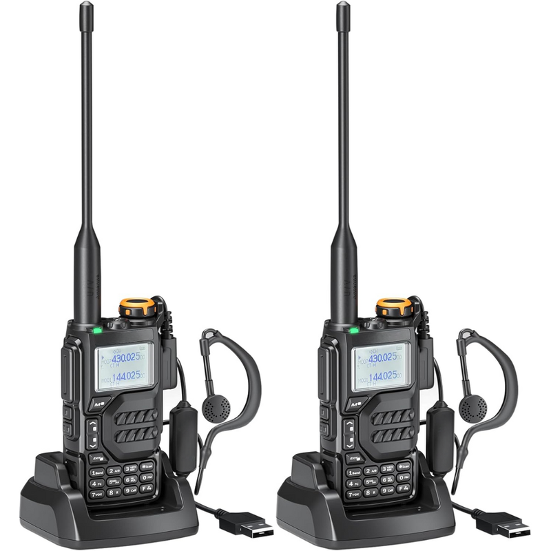 Set 2x Statie Radio Portabila Emisie Receptie, AM-FM, Baterie Reincarcabila 1600 mAh, 5W, 7.2V, Lanterna LED, Radio FM, Afisare Doua Frecvente, VHF 136-174 MHz, UHF 400-470 MHz, Alarma de Urgenta, USB Type-C, Casca, Negru
