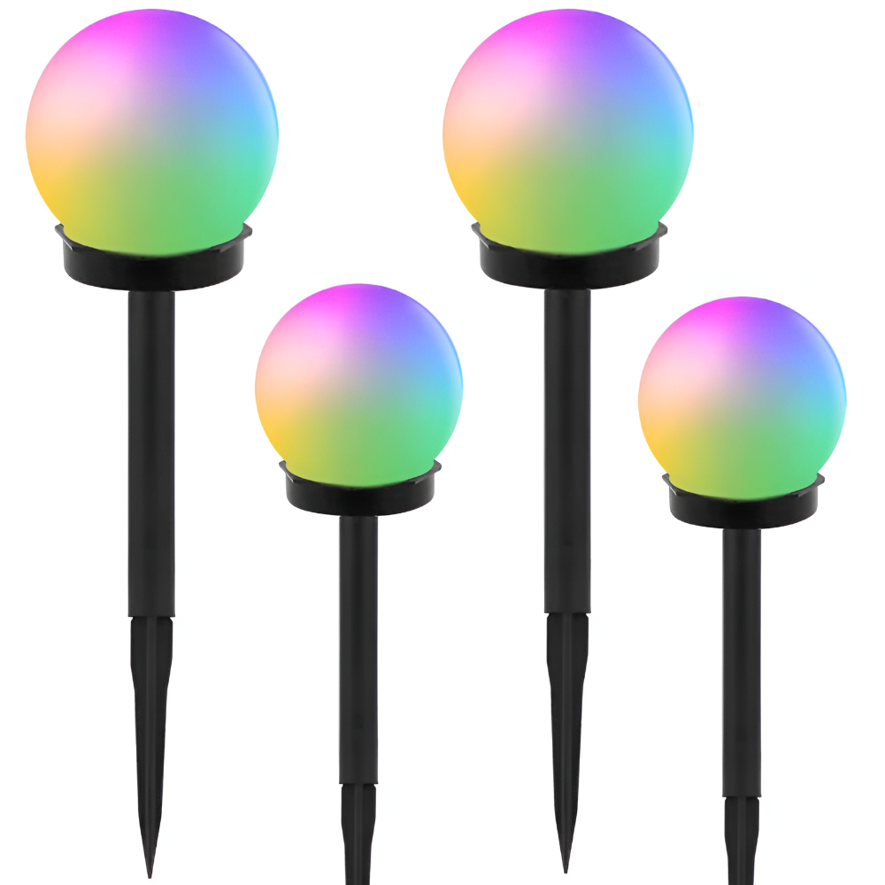 Set 4 Lampi Solare RGB LED, de Exterior, pentru Gradina, tip Glob Mat, cu Tarus, Decorative, cu Senzori de Amurg, Miscare si Lumina, Rezistenta la Apa IP65, Negru/Alb - Velixo