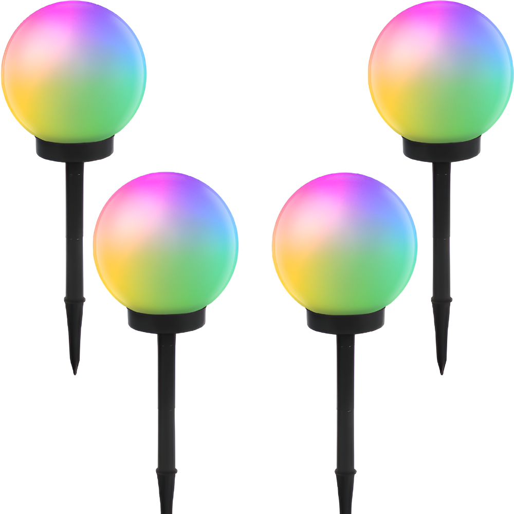 Set 4 Lampi Solare RGB LED, de Exterior, pentru Gradina, tip Glob Mat, cu Tarus, Decorative, cu Senzori de Amurg, Miscare si Lumina, Rezistenta la Apa IP65, Negru/Alb - Velixo