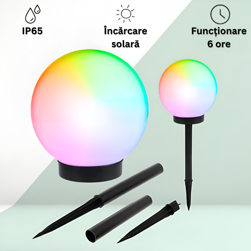 Set 4 Lampi Solare RGB LED, de Exterior, pentru Gradina, tip Glob Mat, cu Tarus, Decorative, cu Senzori de Amurg, Miscare si Lumina, Rezistenta la Apa IP65, Negru/Alb - Velixo
