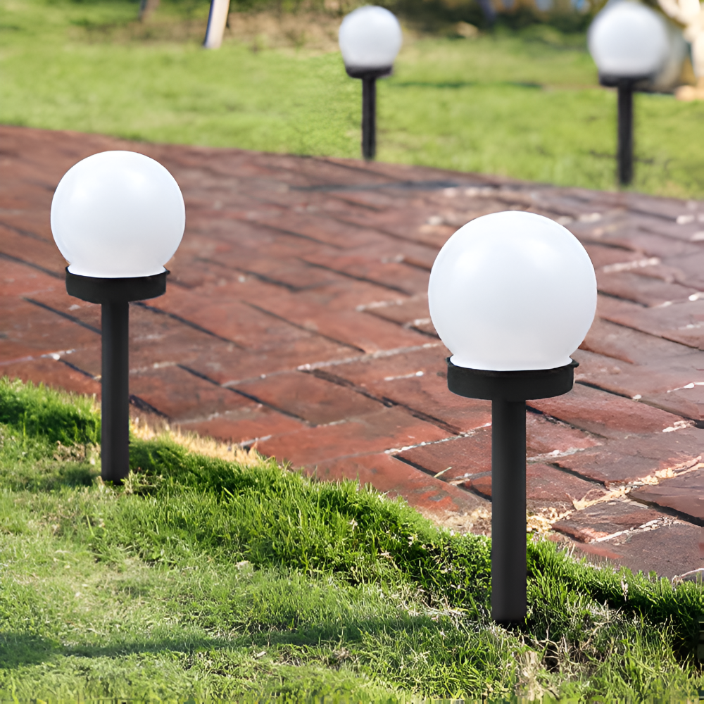 Set 4 Lampi Solare RGB LED, de Exterior, pentru Gradina, tip Glob Mat, cu Tarus, Decorative, cu Senzori de Amurg, Miscare si Lumina, Rezistenta la Apa IP65, Negru/Alb - Velixo