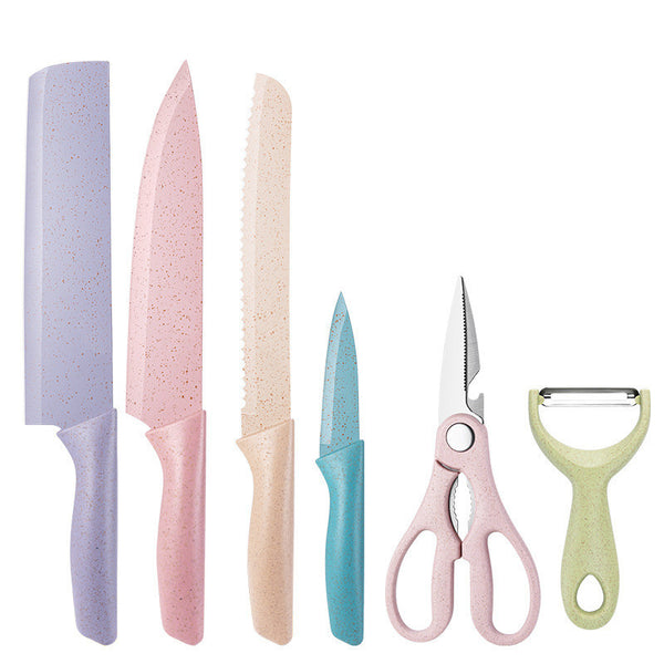 Set 6 Cutite de Bucatarie, Lame Ascutite, Foarfeca, Decojitor Fruncte/Legume, Maner Ergonomic, Antiaderent, pentru Feliere, Taiat Carne, Otel Inoxidabil, Multicolor