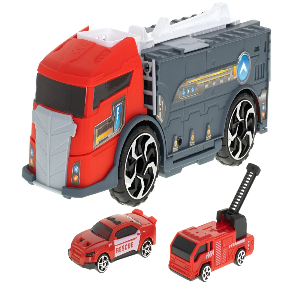 Set Camion Interactiv de Jucarie cu Masina de Pompier si Salvare, Deschidere Fata si Spate, Rampa, Transport Vehicule, Parcare, Benzinarie, Scara Rotativa, Roti Mobile, pentru Copii, + 3 ani, Rosu