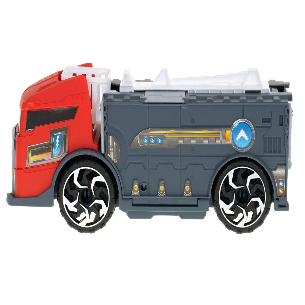 Set Camion Interactiv de Jucarie cu Masina de Pompier si Salvare, Deschidere Fata si Spate, Rampa, Transport Vehicule, Parcare, Benzinarie, Scara Rotativa, Roti Mobile, pentru Copii, + 3 ani, Rosu