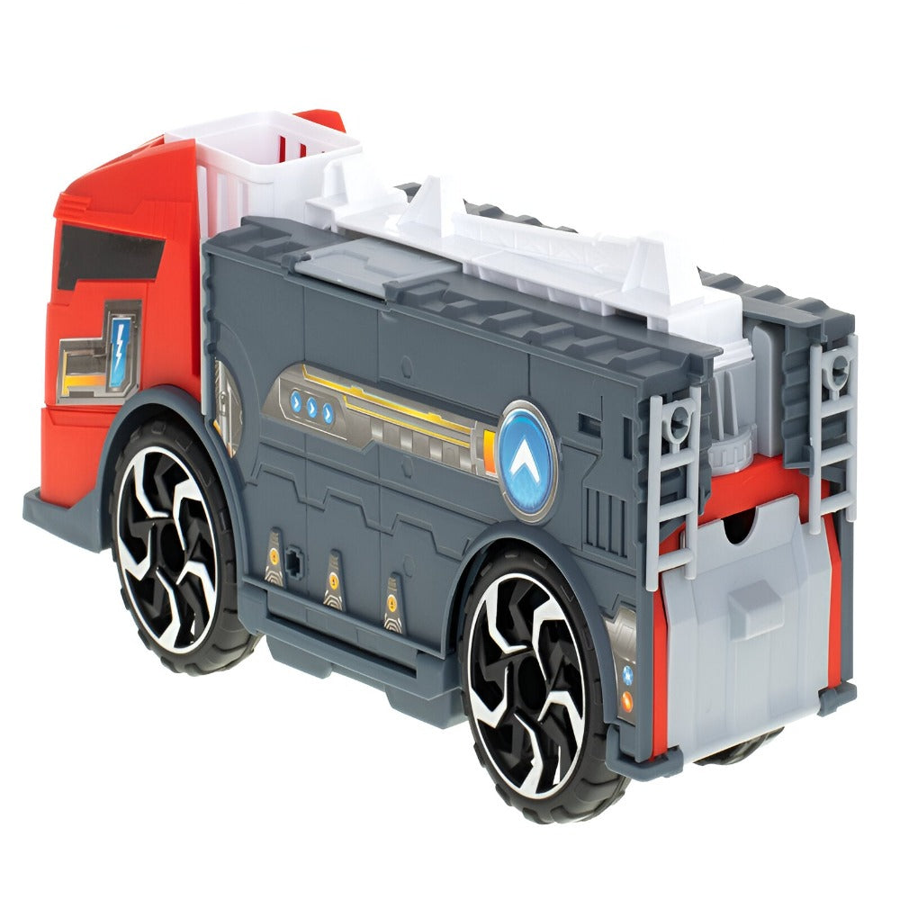 Set Camion Interactiv de Jucarie cu Masina de Pompier si Salvare, Deschidere Fata si Spate, Rampa, Transport Vehicule, Parcare, Benzinarie, Scara Rotativa, Roti Mobile, pentru Copii, + 3 ani, Rosu
