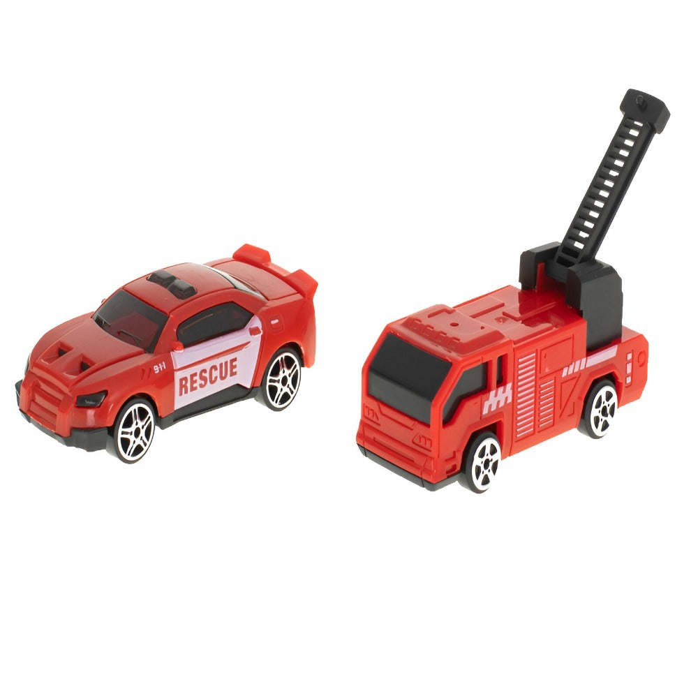 Set Camion Interactiv de Jucarie cu Masina de Pompier si Salvare, Deschidere Fata si Spate, Rampa, Transport Vehicule, Parcare, Benzinarie, Scara Rotativa, Roti Mobile, pentru Copii, + 3 ani, Rosu