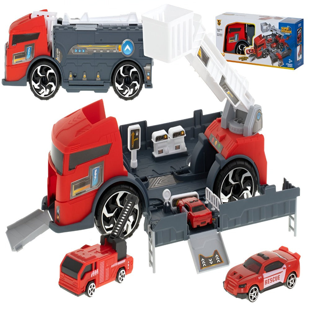 Set Camion Interactiv de Jucarie cu Masina de Pompier si Salvare, Deschidere Fata si Spate, Rampa, Transport Vehicule, Parcare, Benzinarie, Scara Rotativa, Roti Mobile, pentru Copii, + 3 ani, Rosu
