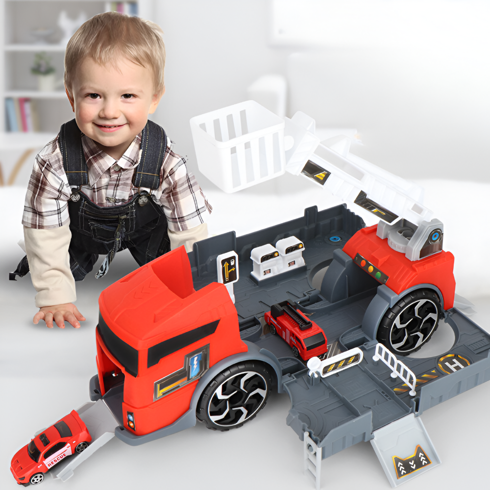 Set Camion Interactiv de Jucarie cu Masina de Pompier si Salvare, Deschidere Fata si Spate, Rampa, Transport Vehicule, Parcare, Benzinarie, Scara Rotativa, Roti Mobile, pentru Copii, + 3 ani, Rosu