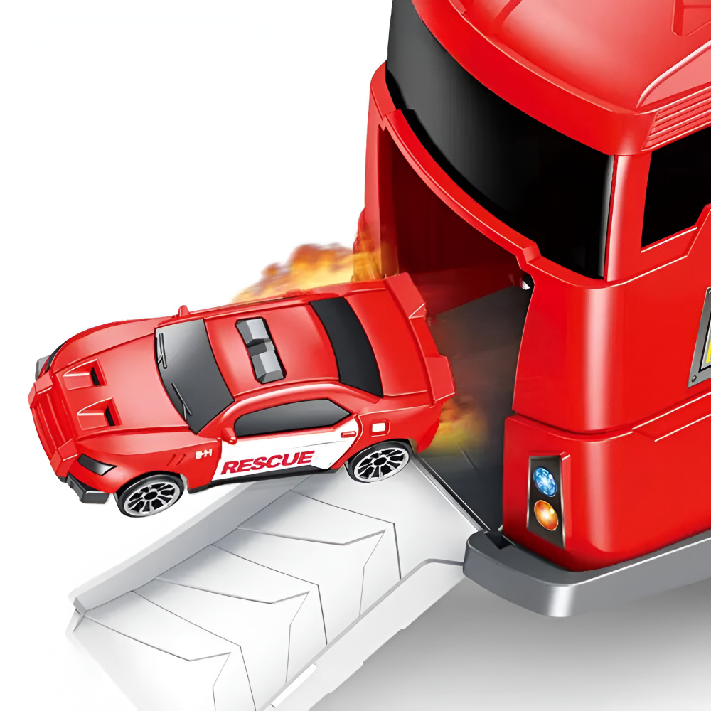 Set Camion Interactiv de Jucarie cu Masina de Pompier si Salvare, Deschidere Fata si Spate, Rampa, Transport Vehicule, Parcare, Benzinarie, Scara Rotativa, Roti Mobile, pentru Copii, + 3 ani, Rosu