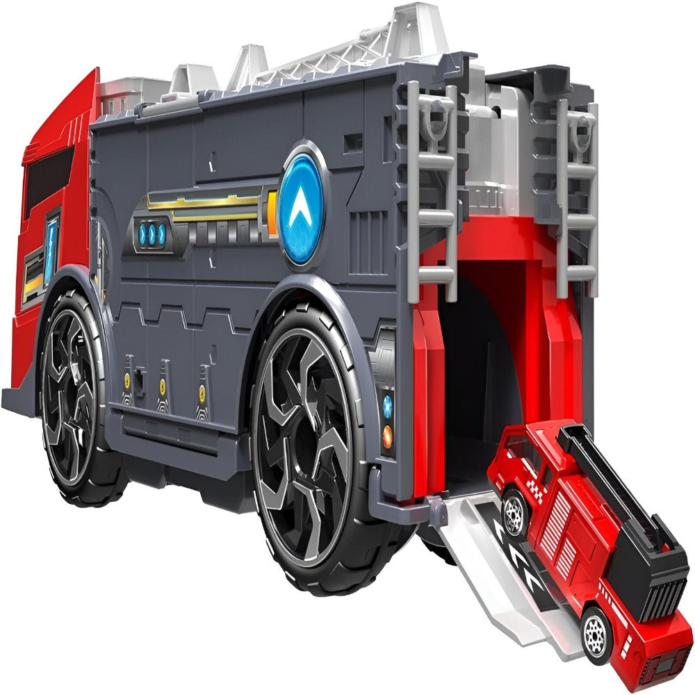 Set Camion Interactiv de Jucarie cu Masina de Pompier si Salvare, Deschidere Fata si Spate, Rampa, Transport Vehicule, Parcare, Benzinarie, Scara Rotativa, Roti Mobile, pentru Copii, + 3 ani, Rosu