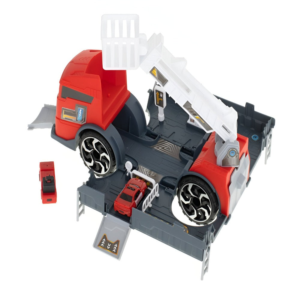 Set Camion Interactiv de Jucarie cu Masina de Pompier si Salvare, Deschidere Fata si Spate, Rampa, Transport Vehicule, Parcare, Benzinarie, Scara Rotativa, Roti Mobile, pentru Copii, + 3 ani, Rosu