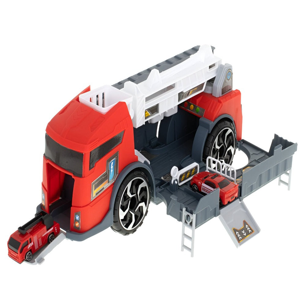 Set Camion Interactiv de Jucarie cu Masina de Pompier si Salvare, Deschidere Fata si Spate, Rampa, Transport Vehicule, Parcare, Benzinarie, Scara Rotativa, Roti Mobile, pentru Copii, + 3 ani, Rosu