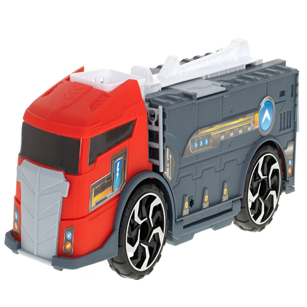 Set Camion Interactiv de Jucarie cu Masina de Pompier si Salvare, Deschidere Fata si Spate, Rampa, Transport Vehicule, Parcare, Benzinarie, Scara Rotativa, Roti Mobile, pentru Copii, + 3 ani, Rosu