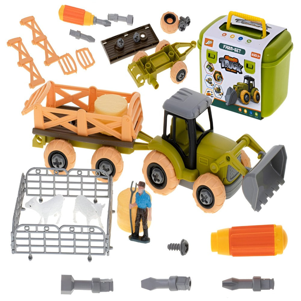 Set Jucarie Ferma Interactiva, pentru Copii, Include Tractor Agricol, Remorca, Surubelnita cu 3 Capete, Fermier, 2 Miei, 2 Baloti de Fan, 4 Garduri, Cutie Depozitare pentru Transport cu Maner, Multicolor