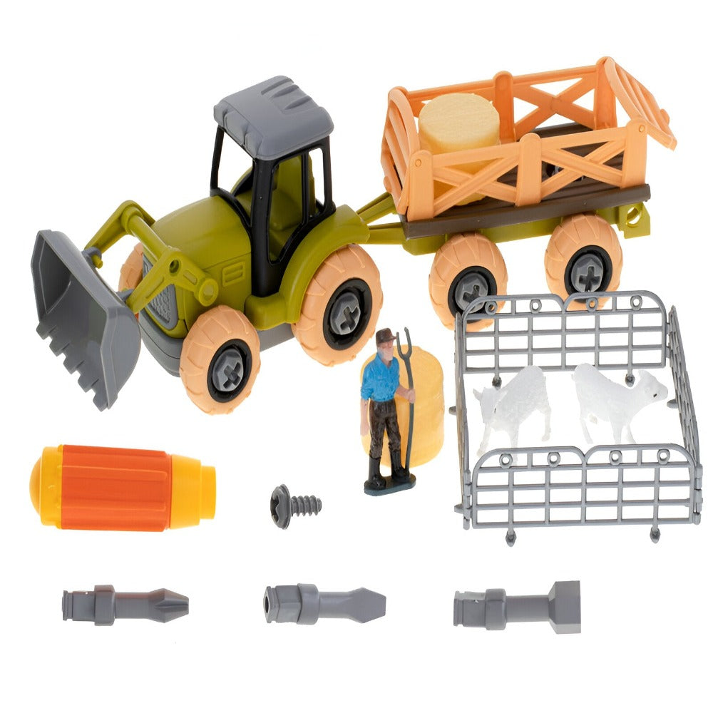 Set Jucarie Ferma Interactiva, pentru Copii, Include Tractor Agricol, Remorca, Surubelnita cu 3 Capete, Fermier, 2 Miei, 2 Baloti de Fan, 4 Garduri, Cutie Depozitare pentru Transport cu Maner, Multicolor
