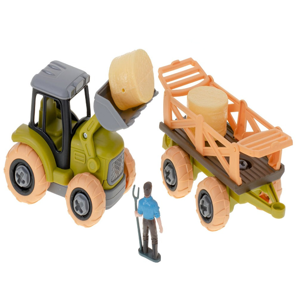 Set Jucarie Ferma Interactiva, pentru Copii, Include Tractor Agricol, Remorca, Surubelnita cu 3 Capete, Fermier, 2 Miei, 2 Baloti de Fan, 4 Garduri, Cutie Depozitare pentru Transport cu Maner, Multicolor