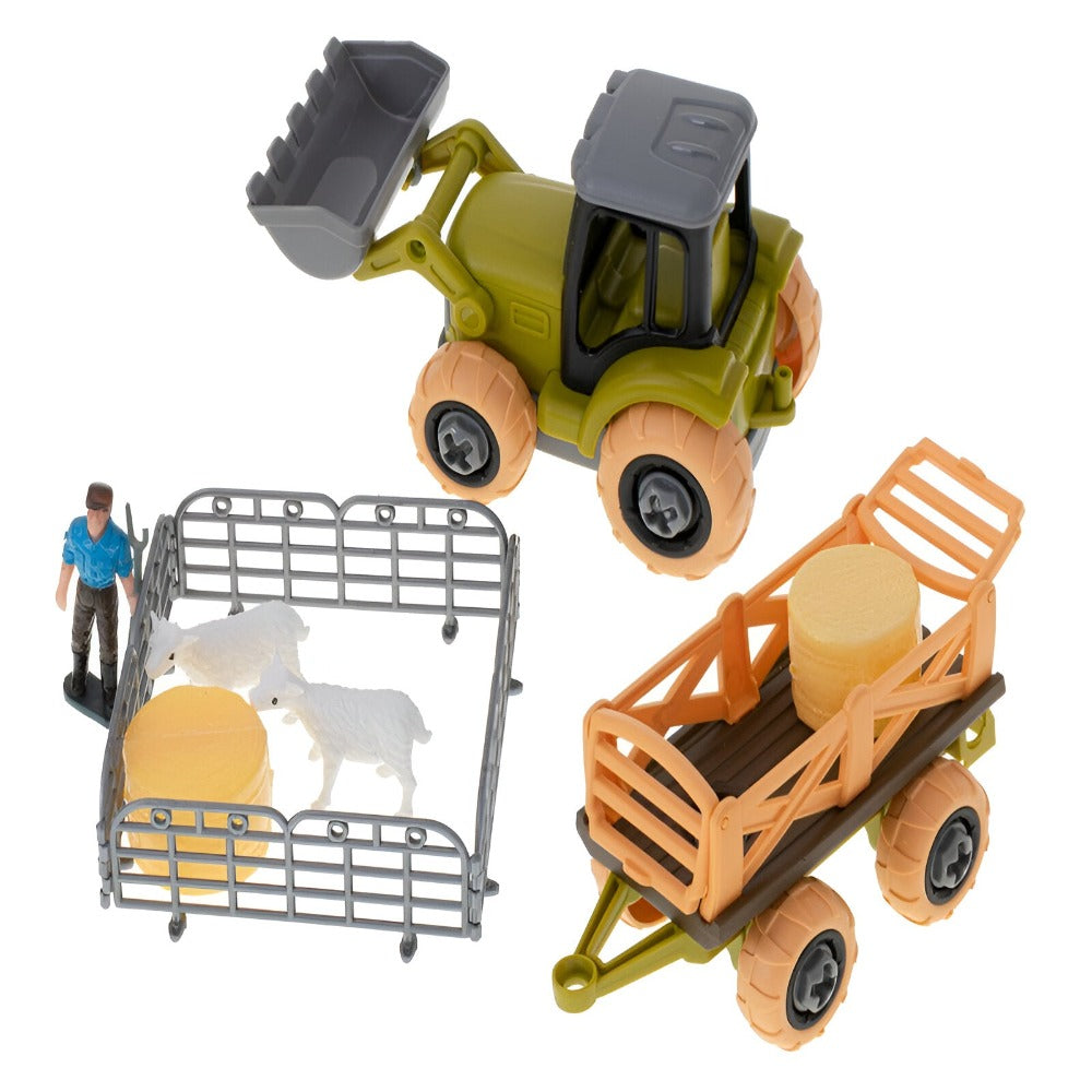 Set Jucarie Ferma Interactiva, pentru Copii, Include Tractor Agricol, Remorca, Surubelnita cu 3 Capete, Fermier, 2 Miei, 2 Baloti de Fan, 4 Garduri, Cutie Depozitare pentru Transport cu Maner, Multicolor