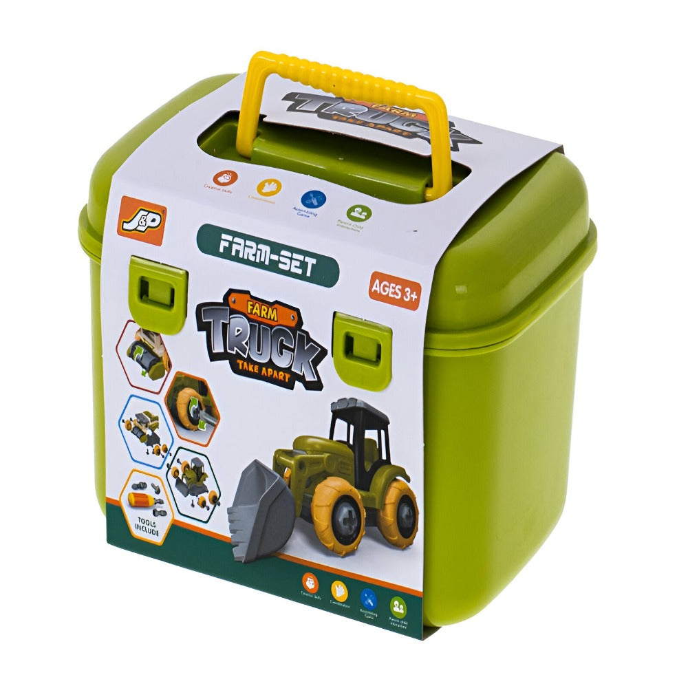 Set Jucarie Ferma Interactiva, pentru Copii, Include Tractor Agricol, Remorca, Surubelnita cu 3 Capete, Fermier, 2 Miei, 2 Baloti de Fan, 4 Garduri, Cutie Depozitare pentru Transport cu Maner, Multicolor