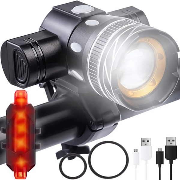 Set Lumini Bicicleta Fata/Spate, 3 Moduri de Iluminare LED, Maner Rotativ 360°, Zoom, Rezistent la Apa IPX6, Far si Stop, Acumulator Reincarcabil, Instalare Usoara, Cablu USB Inclus, Negru