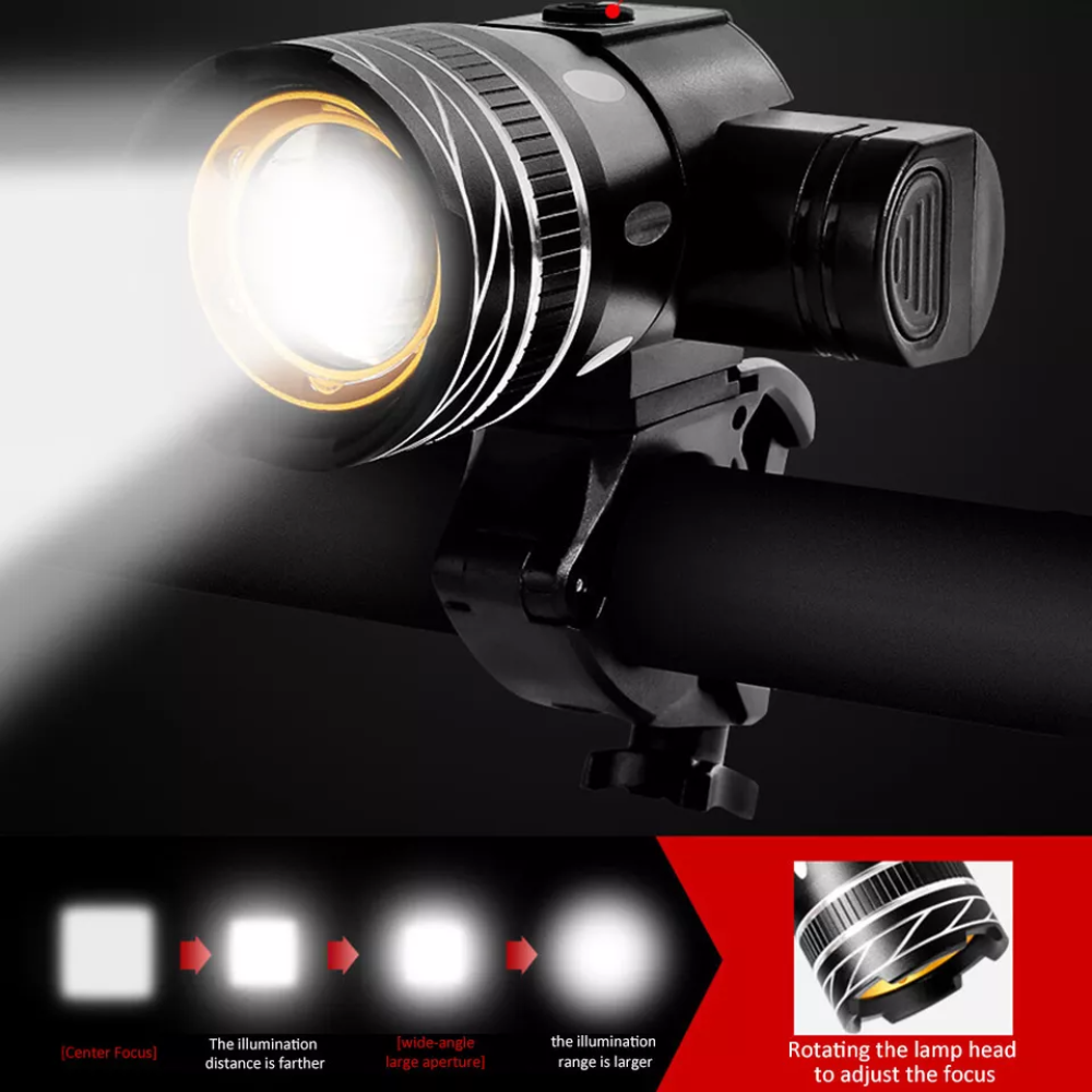 Set Lumini Bicicleta Fata/Spate, 3 Moduri de Iluminare LED, Maner Rotativ 360°, Zoom, Rezistent la Apa IPX6, Far si Stop, Acumulator Reincarcabil, Instalare Usoara, Cablu USB Inclus, Negru