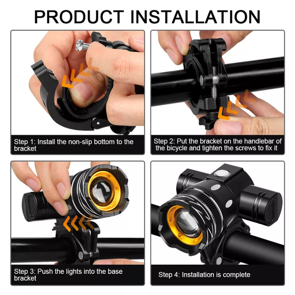 Set Lumini Bicicleta Fata/Spate, 3 Moduri de Iluminare LED, Maner Rotativ 360°, Zoom, Rezistent la Apa IPX6, Far si Stop, Acumulator Reincarcabil, Instalare Usoara, Cablu USB Inclus, Negru
