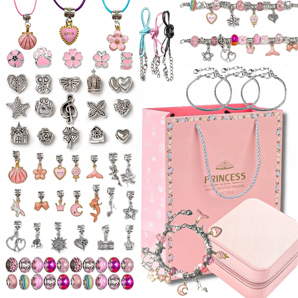 Set Realizare Bratari Colorate, Contine Diverse Bijuterii, Pandantive si Margele, 69 Piese, 3 Bratari, 3 Coliere, Dezvolta Abilitatile Manuale, Portabil, pentru Copii, + 3 ani, Geanta cu Fermoar Inclusa, Multicolor