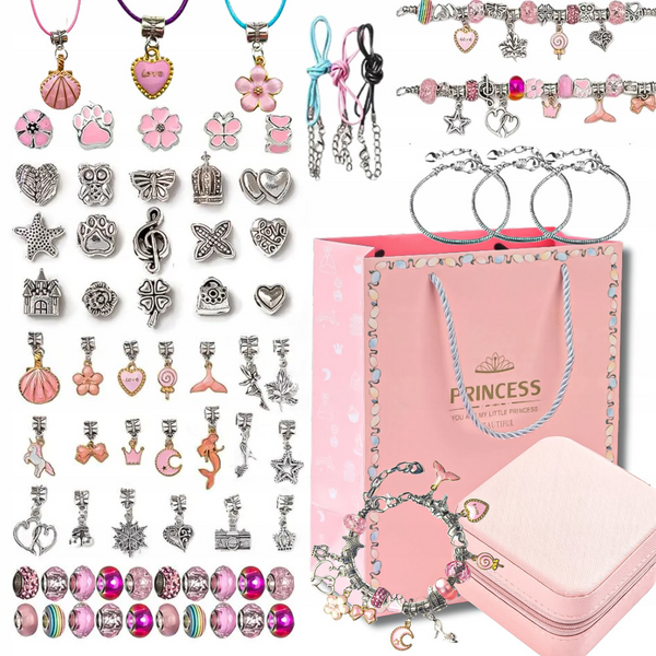 Set Realizare Bratari Colorate, Contine Diverse Bijuterii, Pandantive si Margele, 69 Piese, 3 Bratari, 3 Coliere, Dezvolta Abilitatile Manuale, Portabil, pentru Copii, + 3 ani, Geanta cu Fermoar Inclusa, Multicolor