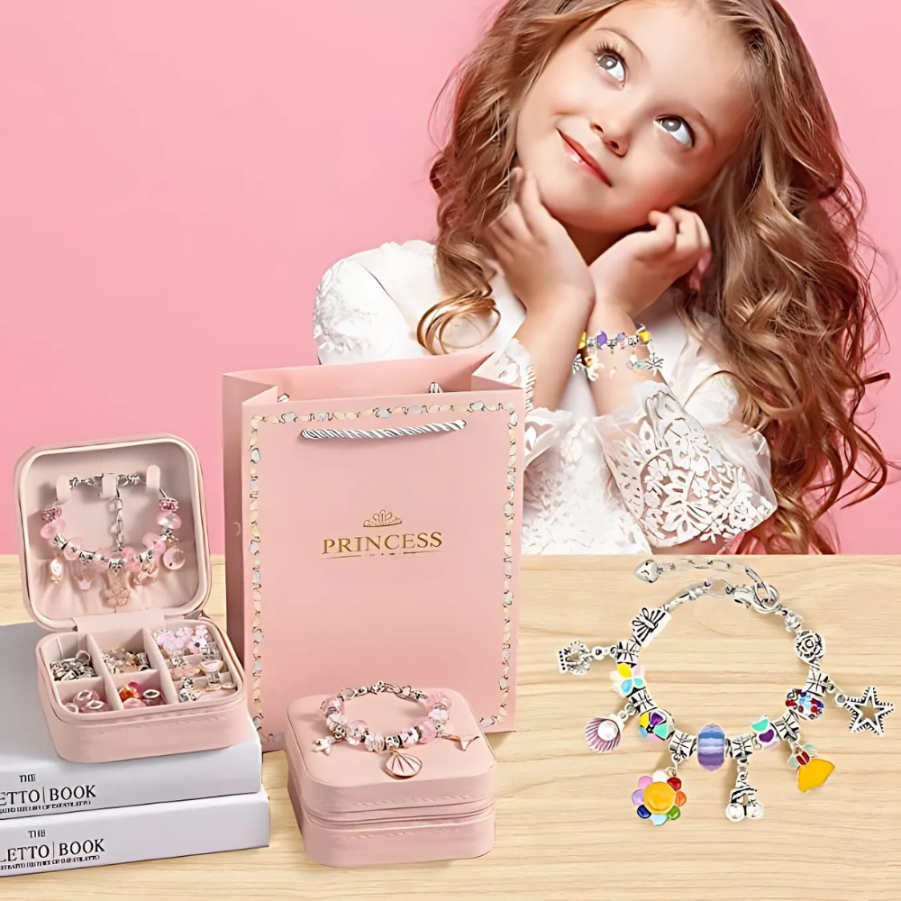 Set Realizare Bratari Colorate, Contine Diverse Bijuterii, Pandantive si Margele, 69 Piese, 3 Bratari, 3 Coliere, Dezvolta Abilitatile Manuale, Portabil, pentru Copii, + 3 ani, Geanta cu Fermoar Inclusa, Multicolor