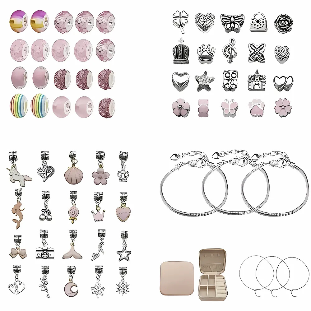 Set Realizare Bratari Colorate, Contine Diverse Bijuterii, Pandantive si Margele, 69 Piese, 3 Bratari, 3 Coliere, Dezvolta Abilitatile Manuale, Portabil, pentru Copii, + 3 ani, Geanta cu Fermoar Inclusa, Multicolor