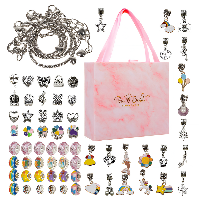 Set Realizare Bratari Colorate, Contine Diverse Pandantive si Margele, 4 Bratari, 70 Piese, Dezvolta Abilitatile Manuale, Portabil, Cutie Depozitare Inclusa, Multicolor
