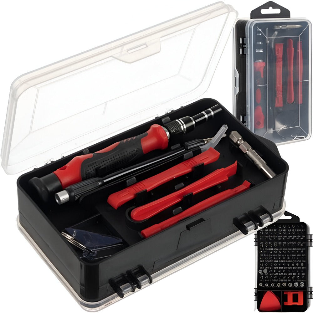 Set Surubelnite de Precizie 110 in 1, 98 Biti, pentru Electronice, Electrocasnice, Mobilier, Telefoane, Macbook, iMac, iPhone, Flexibila, cu Ventuza, Penseta, Magnetizare, Maner Ergonomic si Carcasa Depozitare, Negru/Rosu