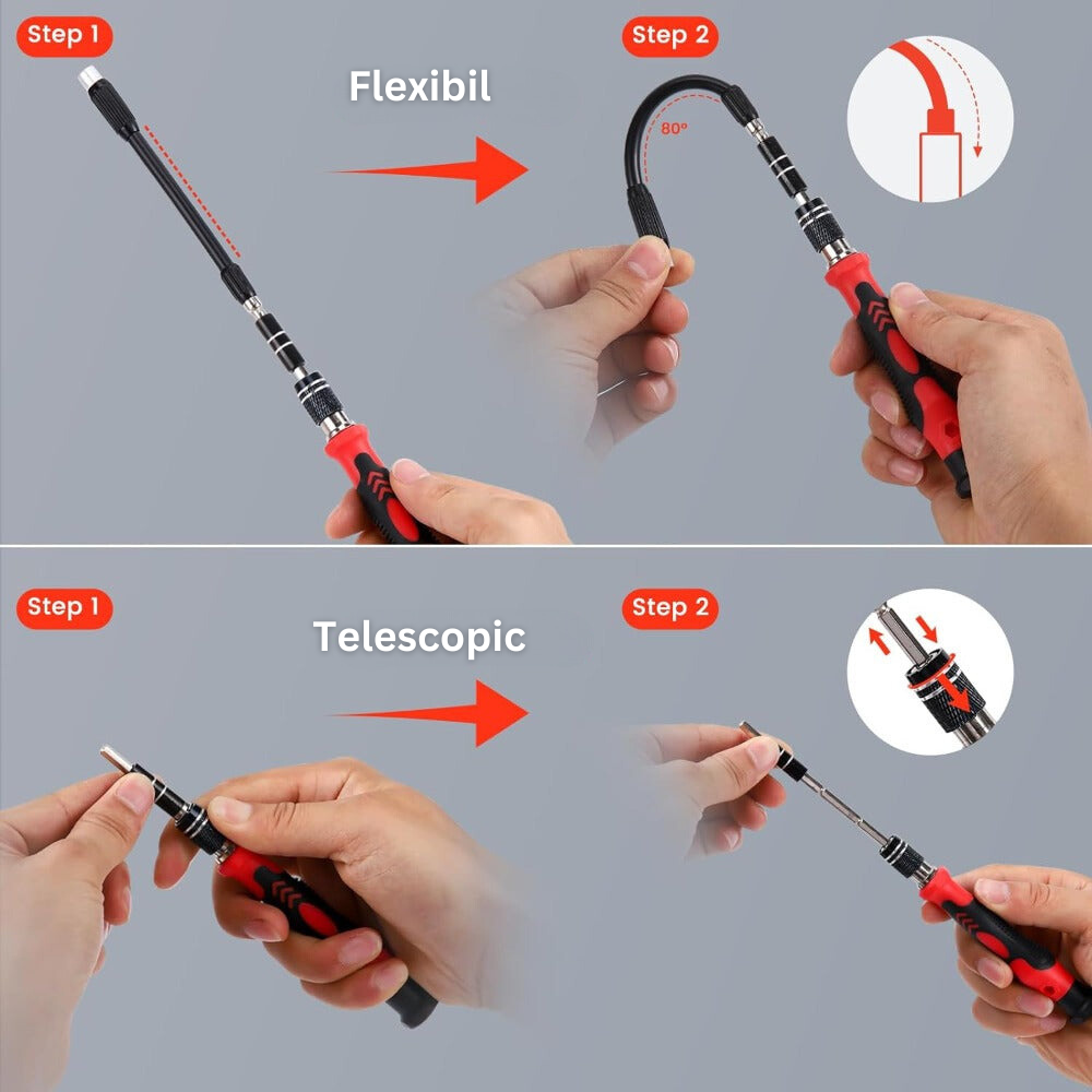 Set Surubelnite de Precizie 110 in 1, 98 Biti, pentru Electronice, Electrocasnice, Mobilier, Telefoane, Macbook, iMac, iPhone, Flexibila, cu Ventuza, Penseta, Magnetizare, Maner Ergonomic si Carcasa Depozitare, Negru/Rosu