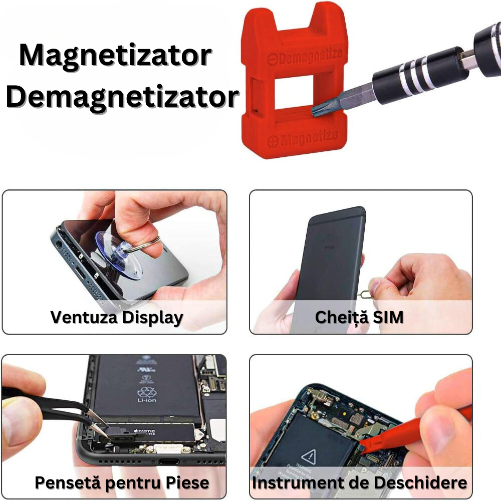 Set Surubelnite de Precizie 110 in 1, 98 Biti, pentru Electronice, Electrocasnice, Mobilier, Telefoane, Macbook, iMac, iPhone, Flexibila, cu Ventuza, Penseta, Magnetizare, Maner Ergonomic si Carcasa Depozitare, Negru/Rosu