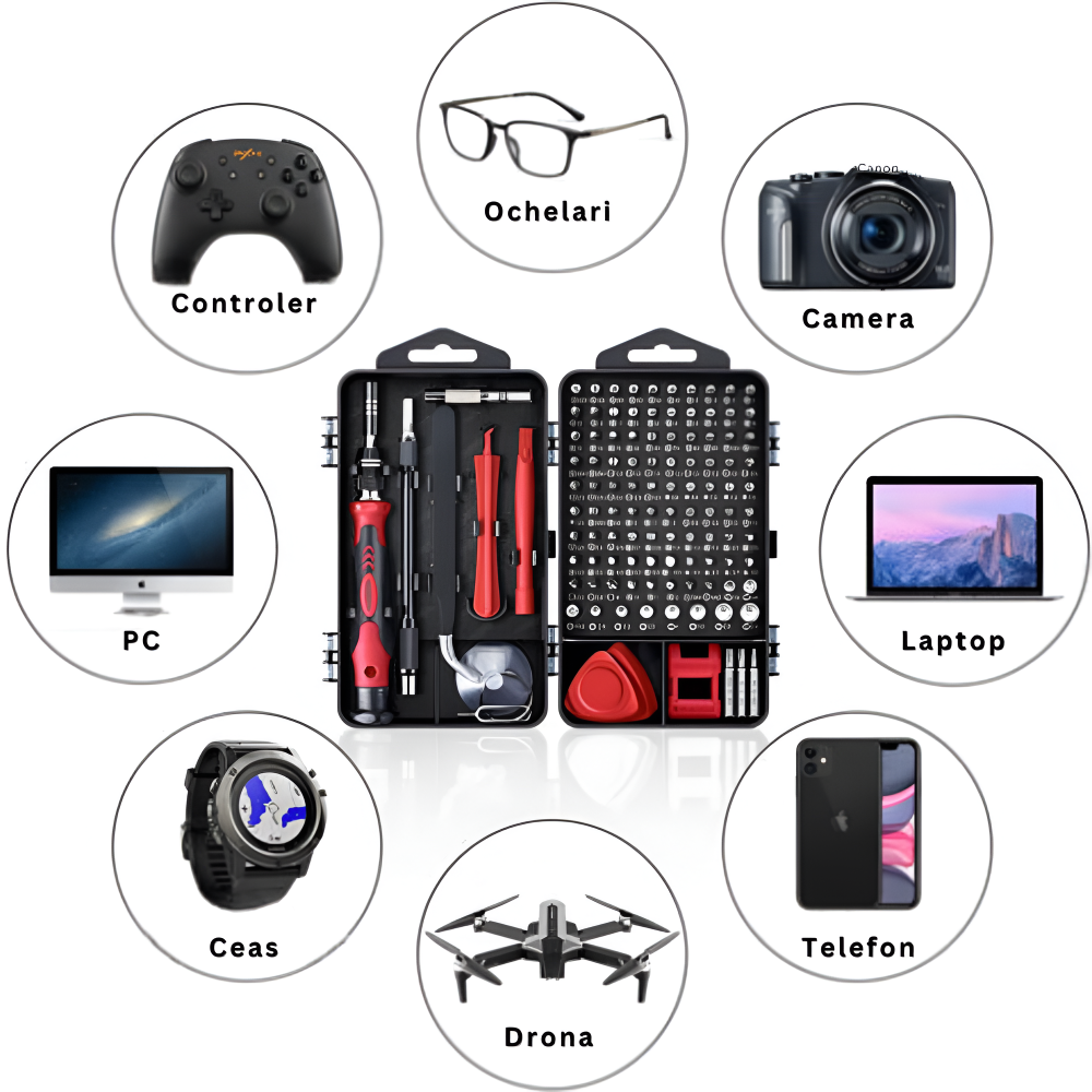 Set Surubelnite de Precizie 110 in 1, 98 Biti, pentru Electronice, Electrocasnice, Mobilier, Telefoane, Macbook, iMac, iPhone, Flexibila, cu Ventuza, Penseta, Magnetizare, Maner Ergonomic si Carcasa Depozitare, Negru/Rosu