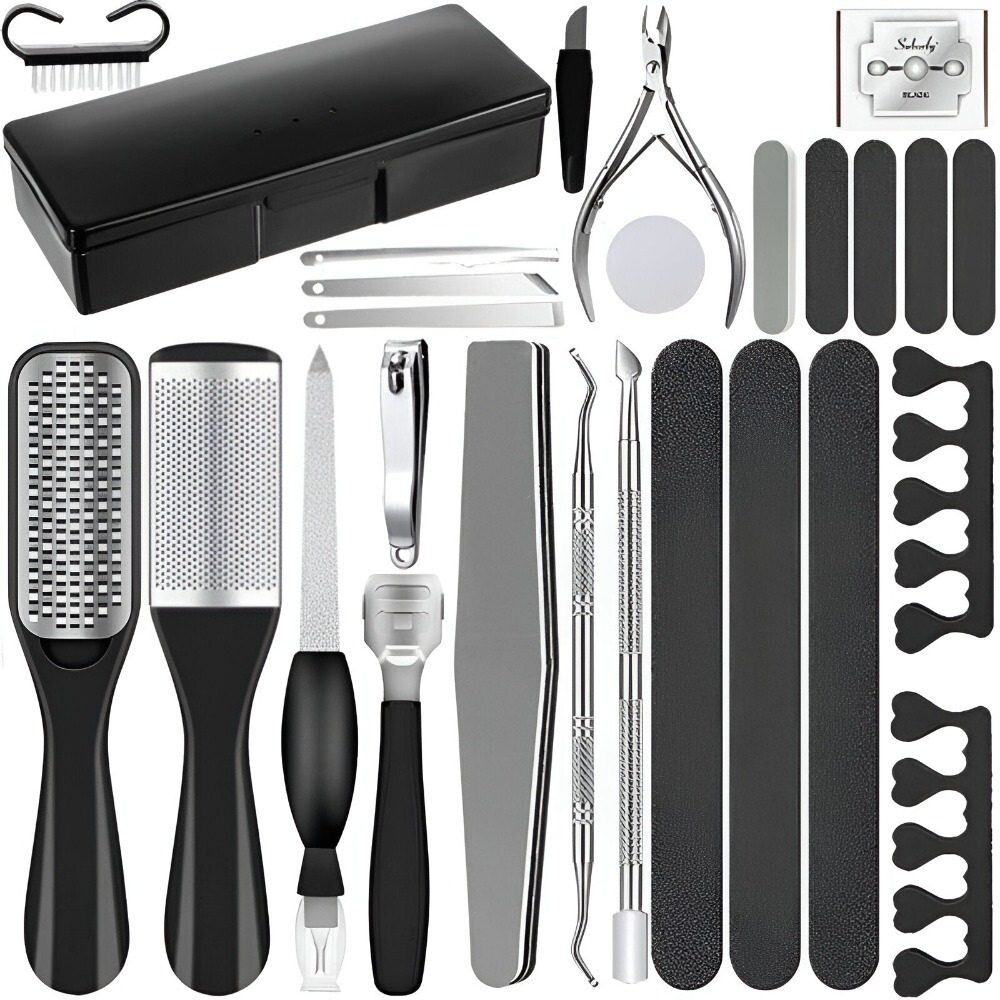 Set de 31 Piese Manichiura Pedichiura, cu Pila Calcaie, Pila Unghii, Unghiera, Cleste Cuticule si Alte Accesorii, pentru Ingrijirea Mainilor si Picioarelor, Cutie Depozitare Inclusa, Negru/Argintiu