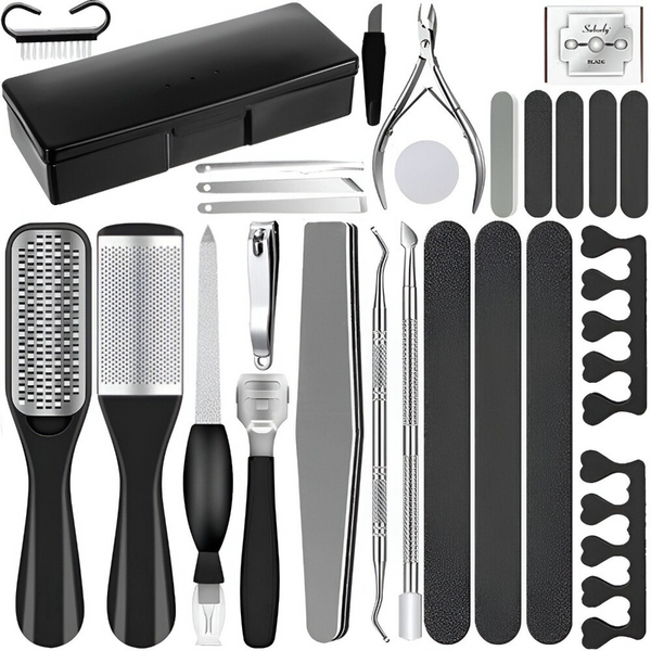 Set de 31 Piese Manichiura Pedichiura, cu Pila Calcaie, Pila Unghii, Unghiera, Cleste Cuticule si Alte Accesorii, pentru Ingrijirea Mainilor si Picioarelor, Cutie Depozitare Inclusa, Negru/Argintiu