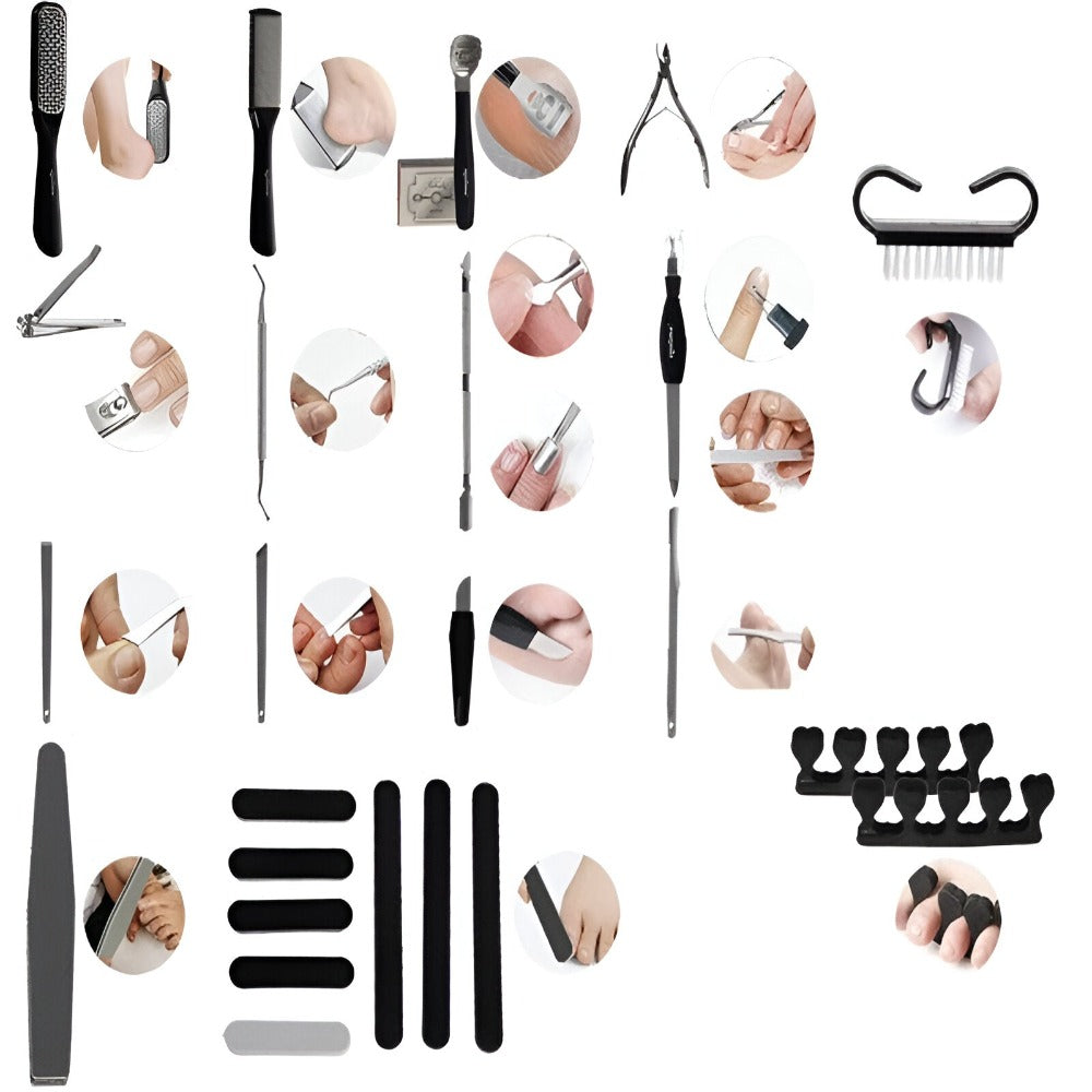 Set de 31 Piese Manichiura Pedichiura, cu Pila Calcaie, Pila Unghii, Unghiera, Cleste Cuticule si Alte Accesorii, pentru Ingrijirea Mainilor si Picioarelor, Cutie Depozitare Inclusa, Negru/Argintiu