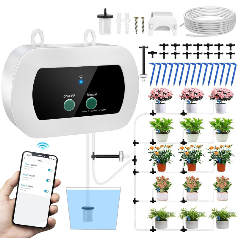 Sistem Automat de Irigare WiFi, Programe de Irigare, Udare prin Picurare, Control prin Aplicatie, Compatibil IOS/Android, pentru 15 Ghivece, Furtun 15m, Accesori Incluse, Alb