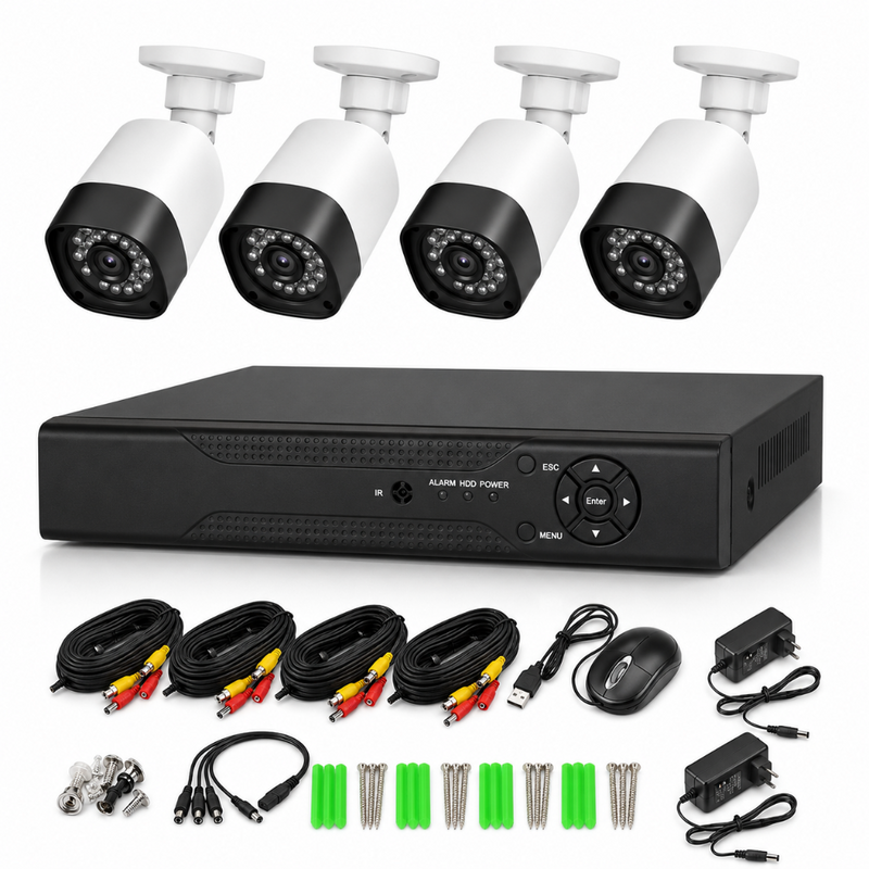 Sistem Supraveghere Video cu 4 Camere, 1080P HD, DVR, Vedere Nocturna cu LED Infrarosu, Rezistenta la Apa IP65, pentru Exterior/Interior, Accesorii Montaj Incluse, Negru/Alb