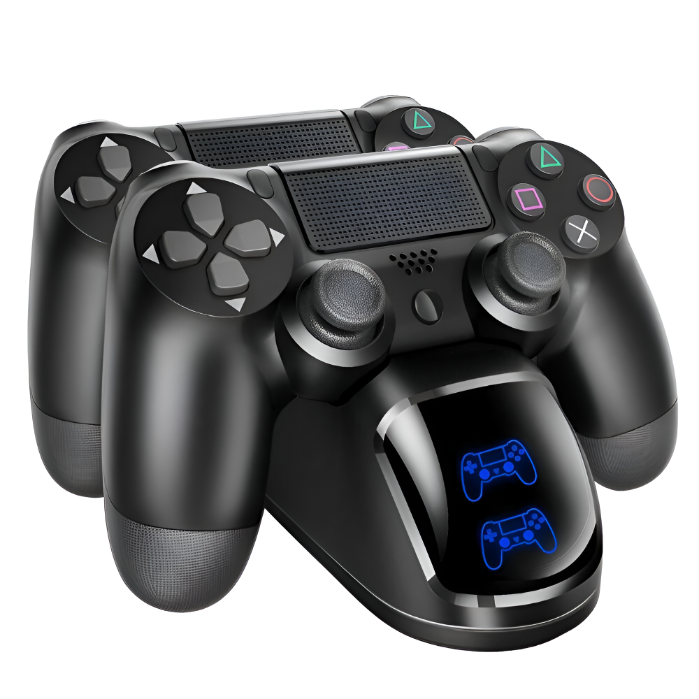 Stand de Incarcare Dubla, 2 x Controller, Indicator LED Display, Compatibilitate PlayStation PS4, Slim, Pro, Incarca Simultan Doua Manete, Antiderapant, Port USB, Negru